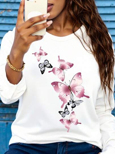 Maweii Plus Size Casual Butterfly Print Long Sleeve T-Shirt, Autumn Fall Cloth For Women