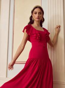 ZEYLAH Women's Elegant Solid Color Ruffle Trim High Waist Midi Dress - Pink - View 6