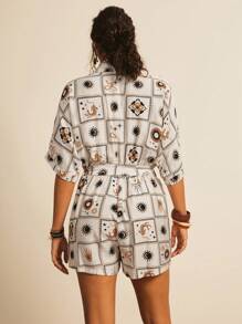 Freevana 大码女式休闲连衣裙，白色底色配咖啡色印花 - 彩色 - 查看 2