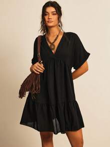 Freevana 大碼蝙蝠袖荷葉邊娃娃裙 - 黑色 - 查看 4