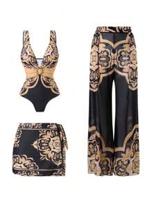 Swim Oasis 3 件大码女式简约连体泳衣套装，日常夏季海滩度假装 - 彩色 - 查看 1