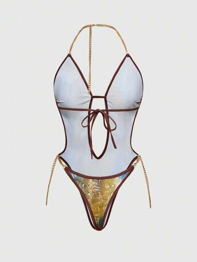 ROMWE Avant Fashionable Snakeskin Pattern Sexy Women's Metallic Chain Jumpsuit