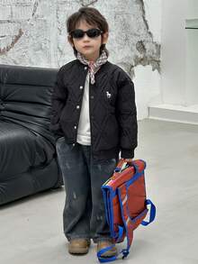 DAZY Little Boys' Round Neck Plaid Print Embroider Solid Color Padded Coat, Winter - Black - View 5