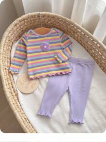 SHEIN Newborn Baby Girl Adorable Summer Knitted Colorful Striped Floral Print Long Sleeve Top And Elastic Waist Long Pants Set Fall Winter