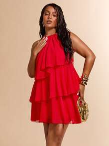 SHEIN BAE Plus Size Summer Beach Vacation Solid Red Cascading Lotus Leaf Cake Chiffon Mini Dress, Suitable For Daily Dating, Night Out,Red Dress,Back To School Girls Clothes,Girls Summer Outfits,Fall Clothes,School Clothes,Halloween,Winter,Y2k Clothes ,Vintage,Vacation Outfits Woman,Plus Size Women Clothes,Summer Dresses For Women