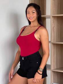 DAZY 加大码女式纯色弹力裹身勃艮第酒红色紧身衣，性感 - 紅色 - 查看 7