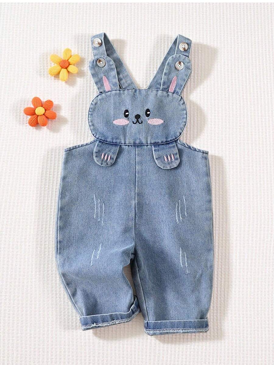 SHEIN Playful Pals Baby Girl Adorable Animal Embroidered Front Bib & Pants Set, Summer