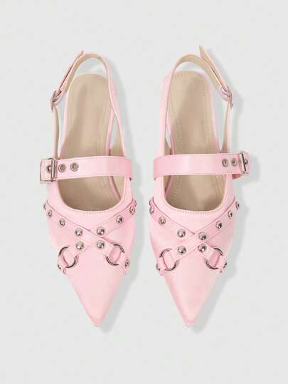Kawaii Elegant Fashion Casual Buckle Design Pointed Toe Flat Shoes, Gothic Silk Fabric Pink Flat Slip-On Shoes, Suitable For Parties, Daily Wear, Evening Dresses