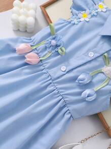Robe d'été à col fleur 3D et manches courtes, mignonne pour jeune fille