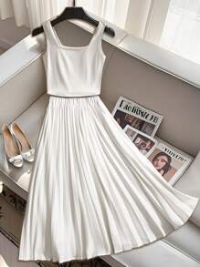 SHEIN 青少年女孩休闲法式优雅方领罗纹针织背心和百褶裙两件套，返校装，母子装 - 白色 - 查看 9