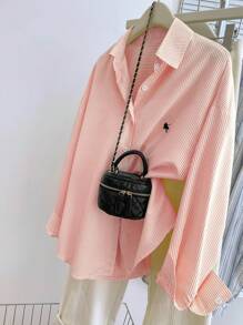 Plus Size Women's Knight Printed Striped Long Sleeve Single-Breasted Shirt Fall Cloth For Women - Coral Pink - View 3
