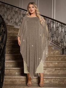 SHEIN Clasi 加大码优雅雪纺长款披肩连衣裙婚礼宾客正式鸡尾酒会新娘母亲装，女士正式礼服 - 卡其色 - 查看 3