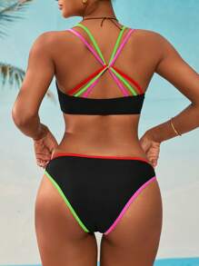 Swim SPRTY 2pcs Women's Colorful Strap Bikini Top & Bottoms Swimwear Set For Summer Beach Vacation - Multicolor - View 2