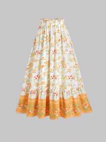 Sweetra 女式夏季欧美时尚花卉印花松紧腰喇叭裙，优雅法式休闲度假百搭裙子 - 黃色 - 查看 1