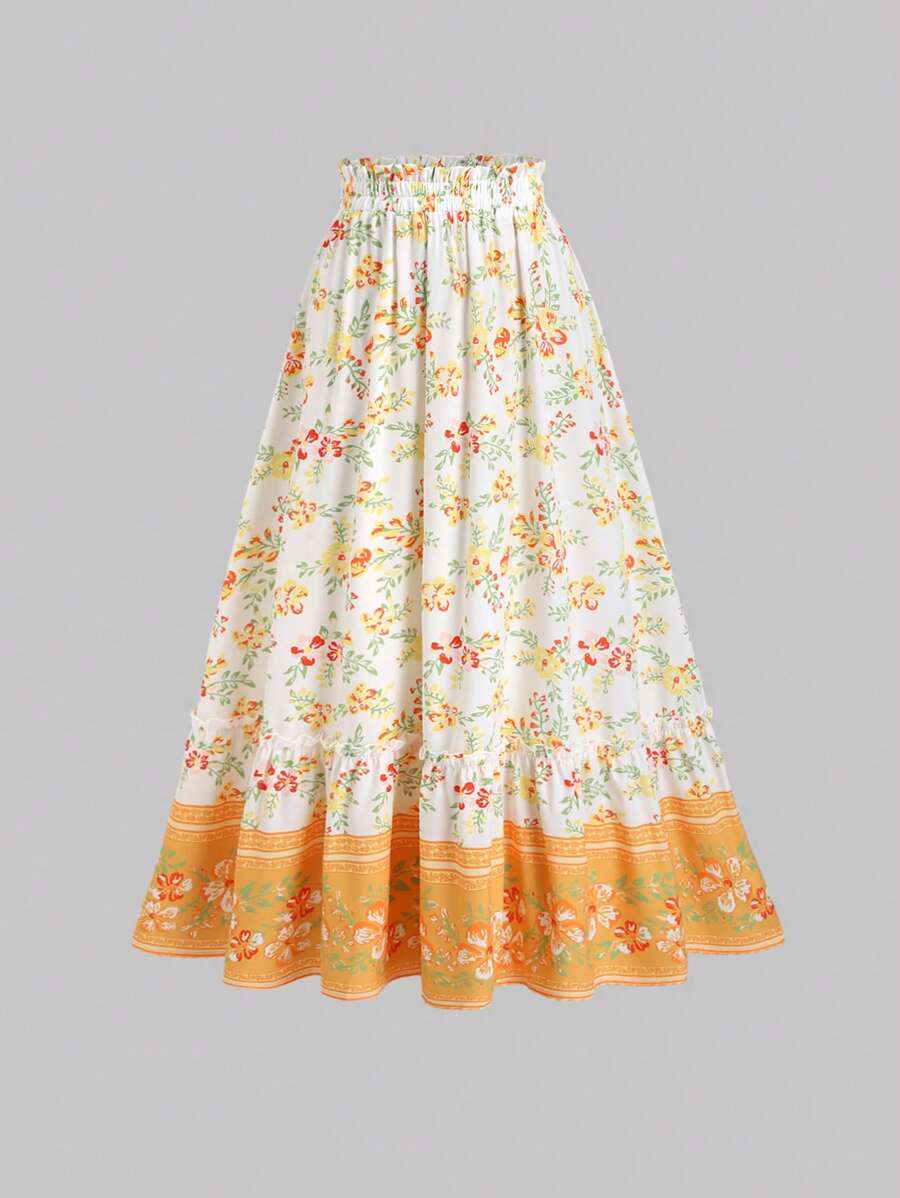 Sweetra 女式夏季欧美时尚花卉印花松紧腰喇叭裙，优雅法式休闲度假百搭裙子 - 黃色 - 查看 1