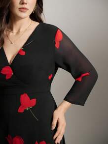 Flouryn 加大码优雅花卉印花长裙，春秋季长款女装 - 黑色 - 查看 7