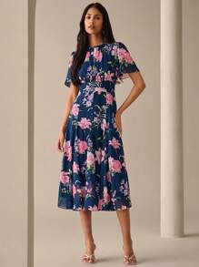 Lilora Women Floral Print Round Neck Casual Short Sleeve Dress Urban Style Round Neck Floral Short Sleeve Dress Out And About Urban Leisure, Romantic And Elegant, Going Out - Navy Blue - View 3