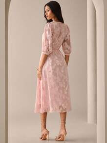 Lilora Women All-Over Print Tie-Knot Midi Dress, Elegant Summer Urban Style Pink Midi Round Neck Dress Romantic And Elegant Urban Leisure, Romantic And Elegant, Going Out - Baby Pink - View 2