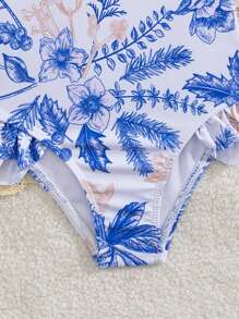 Toddler Girls' One-Piece Swimsuit With Ruffle Trim Floral Print, Perfect For Summer Beach/Holiday - Blue - View 7