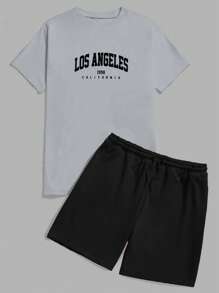 RueChic Set van 2 casual T-shirts met korte mouwen en korte broeken voor heren met letterprint, zomer