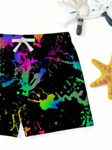 青少年男孩休闲时尚涂鸦彩色图案印花宽松沙滩短裤，适合夏季、海滩、户外、游泳