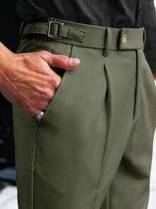 Manfinity Bizformal Pantalones casuales rectos y sueltos con bolsillo plisado de unicolor para hombres, pantalones verdes oliva, pantalones de traje plisados para hombres, otoño