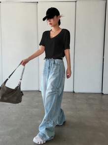 DAZY 宽松短袖V领女士T恤夏季 - 黑色 - 查看 2