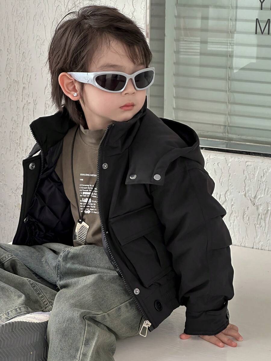 DAZY 幼儿男童休闲纯色连帽长袖棉衣，冬季 - 黑色 - 查看 1