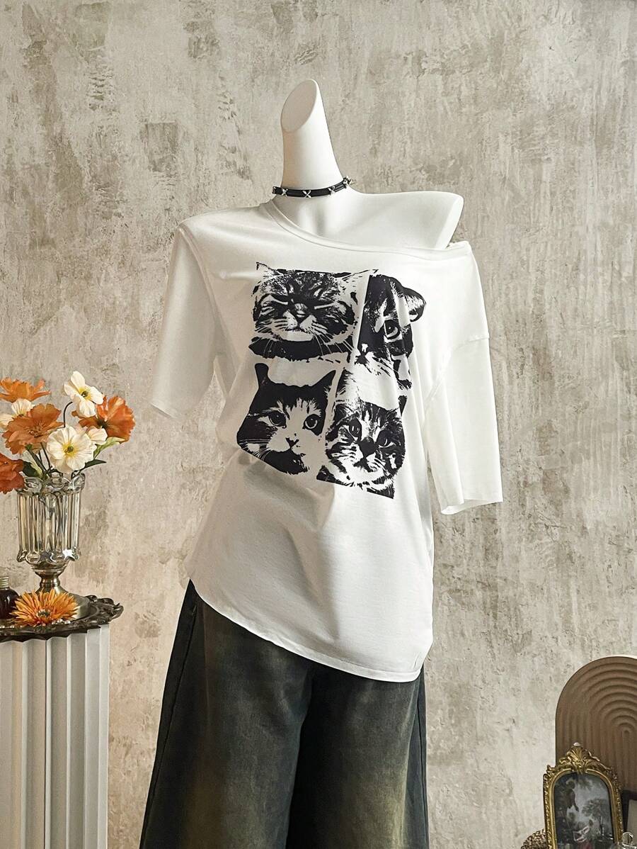 SHEIN Essnce Áo thun tay ngắn hở vai in hình mèo đen trắng cổ điển dành cho nữ, giản dị và tối giản - Nhiều màu - Xem 1