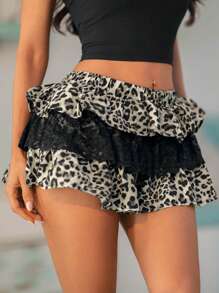 SHEIN SXY Women's Summer Street Fashion Lace Patchwork Leopard Print Ruffle Hem A-Line Skirt,Y2k,Cheetah Print,Club Sexy,Club,Skorts,Summer Holiday,Easy Comfort,Vacay Vibes - Multicolor - View 5