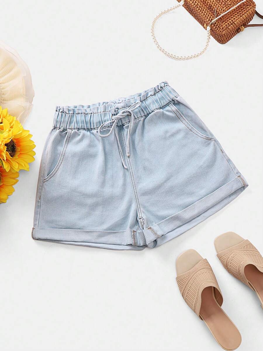 SHEIN Summer Casual Washed Drawstring Waist Denim Shorts - Multicolor - View 1