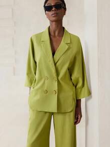 Aveloria Modichic 春夏两件套：宽松双排扣西装外套，松紧腰长裤，宽袖口侧开衩上衣，双口袋喇叭裤 - 綠色 - 查看 7
