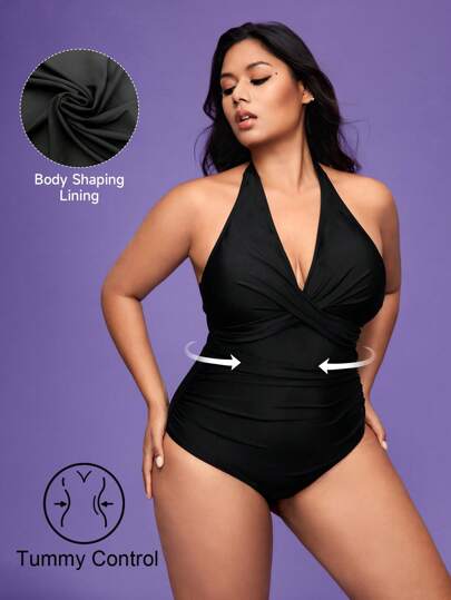 Shapewave Plus Size Women's Solid Color Knit Criss Cross Front Backless Sexy Monokini Swimsuit For Summer Beach Vacation