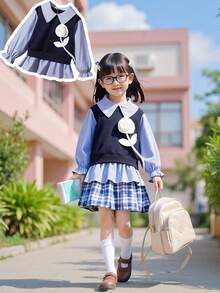 女童条纹领衬衫，甜美公主风蓝白条纹长袖拼接，饰有3D立体花朵荷叶边下摆，柔软轻盈，适合春秋季、开学季及四季穿着 - 藍色 - 查看 6