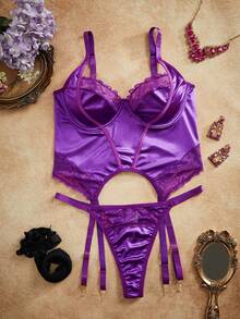 4 件加大码性感缎面蕾丝鱼骨开叉丁字裤，紫色和黑色，复古宫廷风内衣，狂野风 - 紫色 - 查看 5