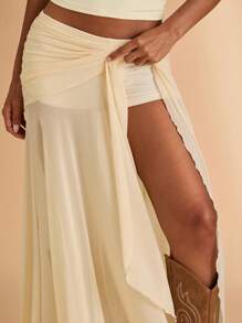 SHEIN BAE Women's Solid Color Ruffle High Waist Asymmetrical Hem Casual Skirt, Summer - Apricot - View 7