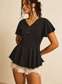 SHEIN VCAY Plus Butterfly Sleeve Peplum Tee - Black - View 3