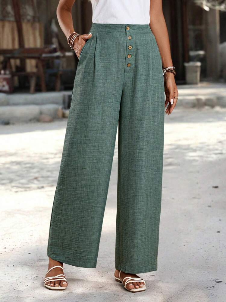 Women's Solid Color Button Front Pleated Pocket Loose Wide Leg Pants Pants For Women Baggy Pants Wide Leg Pants Woman Fall Pants Women Fall Women Clothes Back To School Clothes Country Outfits