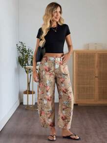 女式花卉印花高腰宽松锥形休闲牛仔裤 - 彩色 - 查看 3