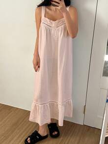 DAZY Camisón de dama de encaje con parches, tirantes anchos, volantes en el bajo y unicolor - Rosa - Ver 5