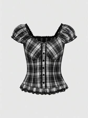 Goth Women's Girly-Style Contrast Lace Ruffle Hem Puff Sleeve Plaid Print Blouse