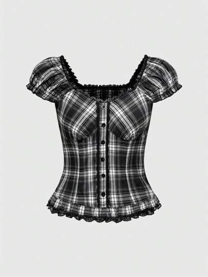 Goth Blouse à manches bouffantes avec ourlet à volants en dentelle contrastée et imprimé à carreaux, dans un style féminin pour femmes