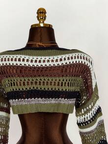 Amplova Áo len crop vai trễ vai họa tiết sọc, áo dài tay - Nhiều màu - Xem 6