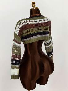 Amplova Áo len crop vai trễ vai họa tiết sọc, áo dài tay - Nhiều màu - Xem 7