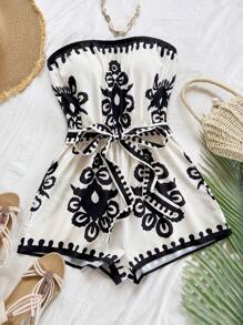 Soleia Blue White Printed Cropped Cami Jumpsuit For Women, Suitable For Vacation - Black and White - View 3