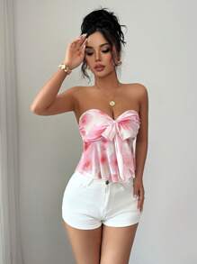 Elenzga Women's Floral Print Ruched Twist Front Cropped Cami Top, Summer Vacation Short Shirt