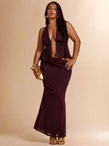 SHEIN BAE Plus Size Women Spring/Summer Vacation Outfit, 2 Pieces Set, Metal Decor Top,4th Of July Curve,Beach Outfit For Women,Airport Outfit Women,Festival Outfits Women,Graduation ,Women Summer Clothes,Going Out Tops Women,Rave Outfits,Club Outfits Women Sexy,Birthday Outfits For Women,Western Wear Women,Wedding Guest Dress Women,Holiday Outfits,Summer Outfits For Women,Vacation Set,Skirt - Brown - View 5