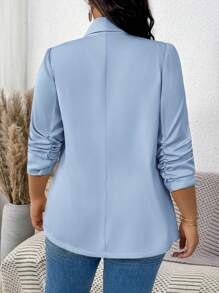 SHEIN LUNE 大码女式纯色披肩领休闲褶皱袖西装外套女式西装外套女式西装外套蓝色西装外套浅蓝色西装外套女士办公室服装蓝色西装外套女士西装外套办公室，秋季女士服装 - 淺藍色 - 查看 2