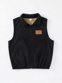 SHEIN Tween Boys Casual Thermal Lined Hooded Mid-Length Thick Woven Jacket, Suitable For School, Garden, Beach, Birthday, Spring, Summer, Autumn, Winter - Black - View 3