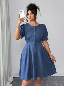 Elenzga Plus Size Crew Neck Denim Effect Short Sleeve A-Line Waist Midi Dress - Blue - View 5